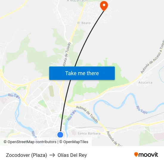 Zocodover (Plaza) to Olías Del Rey map