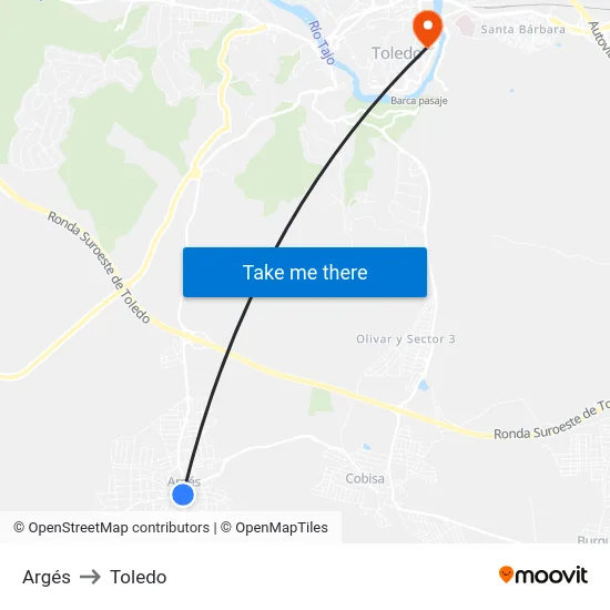 Argés to Toledo map