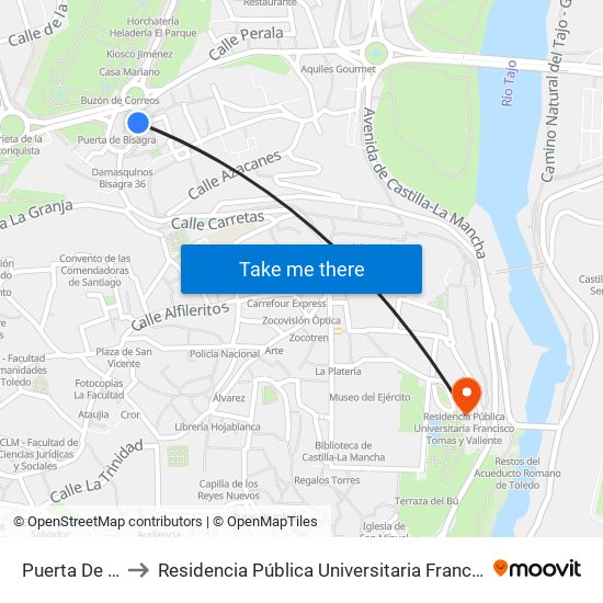 Puerta De Bisagra to Residencia Pública Universitaria Francisco Tomas Y Valiente map