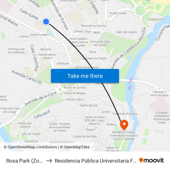 Rosa Park (Zona Deportiva) to Residencia Pública Universitaria Francisco Tomas Y Valiente map