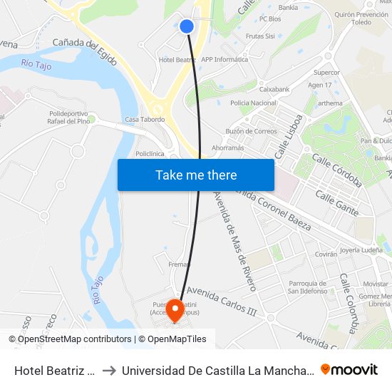 Hotel Beatriz (Rotonda) to Universidad De Castilla La Mancha - Campus De Toledo map