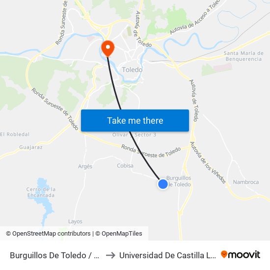 Burguillos De Toledo / Zona Polideportiva (C. Layos) to Universidad De Castilla La Mancha - Campus De Toledo map