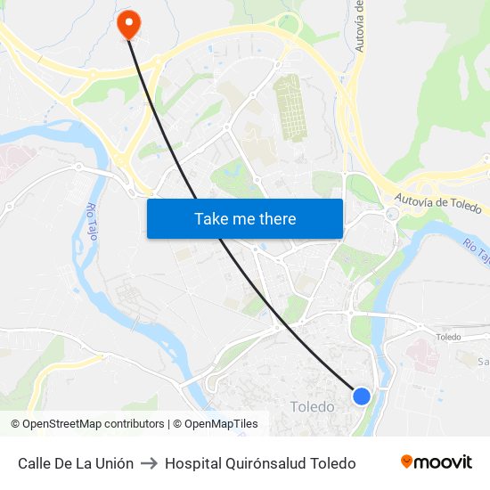 Calle De La Unión to Hospital Quirónsalud Toledo map