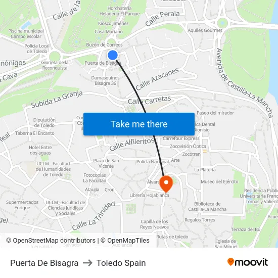 Puerta De Bisagra to Toledo Spain map