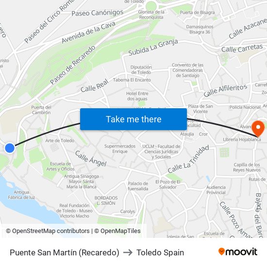 Puente San Martín (Recaredo) to Toledo Spain map
