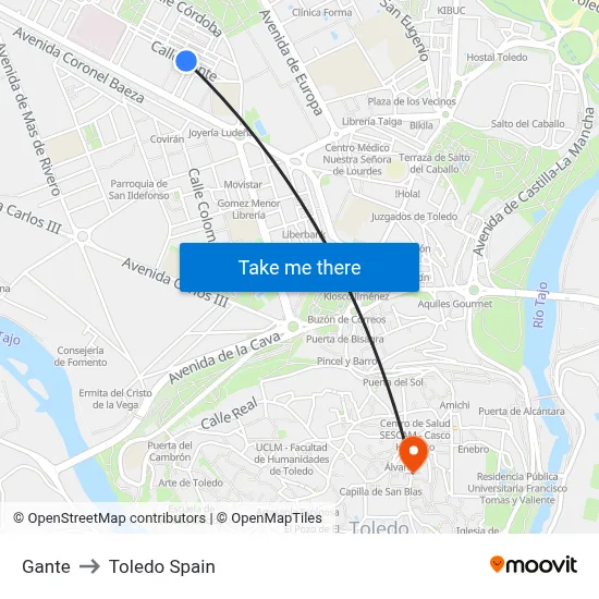 Gante to Toledo Spain map