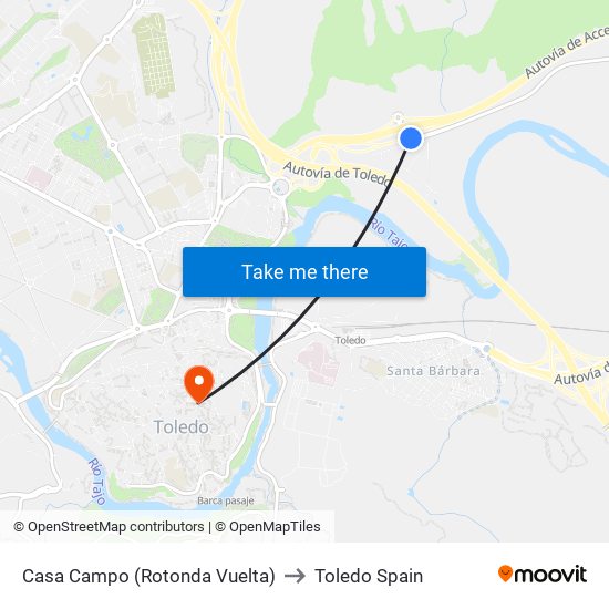 Casa Campo (Rotonda Vuelta) to Toledo Spain map