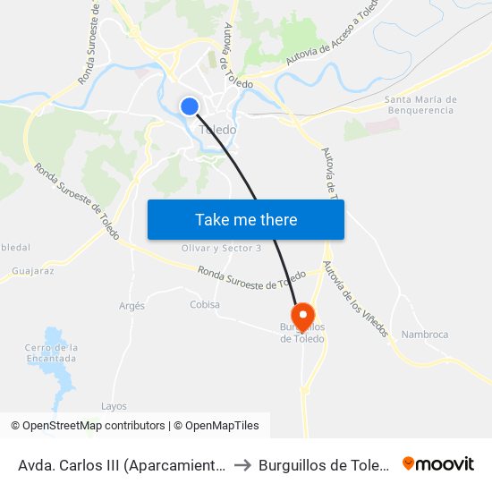 Avda. Carlos III (Aparcamiento) to Burguillos de Toledo map