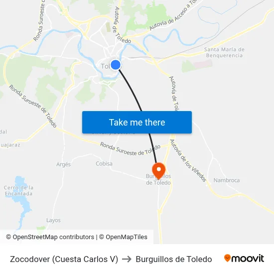 Zocodover (Cuesta Carlos V) to Burguillos de Toledo map