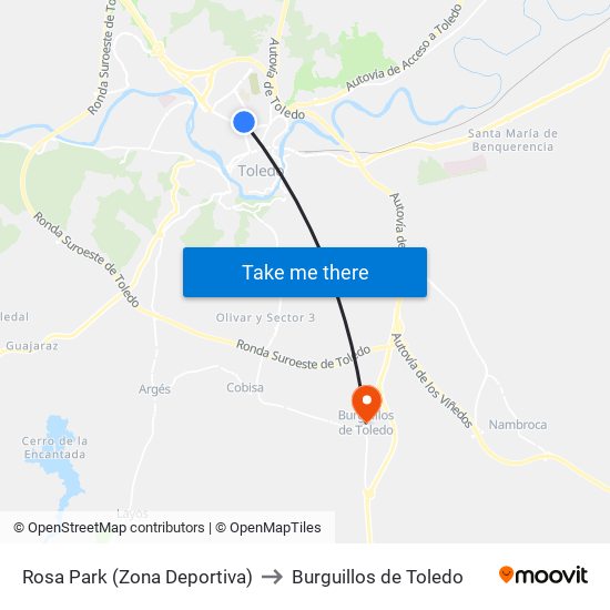 Rosa Park (Zona Deportiva) to Burguillos de Toledo map