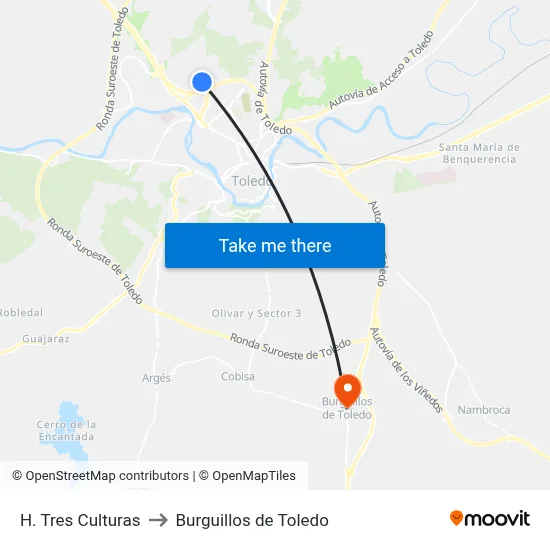 H. Tres Culturas to Burguillos de Toledo map