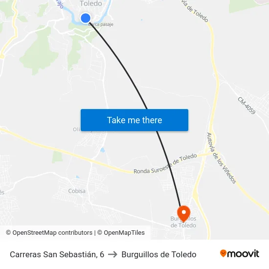 Carreras San Sebastián, 6 to Burguillos de Toledo map