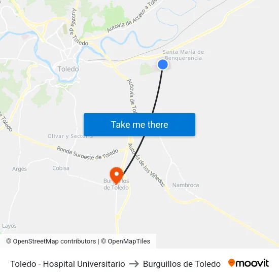 Toledo - Hospital Universitario to Burguillos de Toledo map