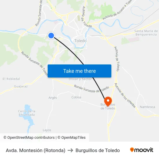 Avda. Montesión (Rotonda) to Burguillos de Toledo map