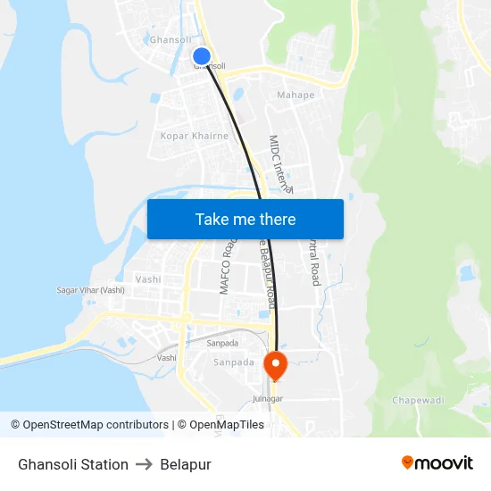Ghansoli Station to Belapur map