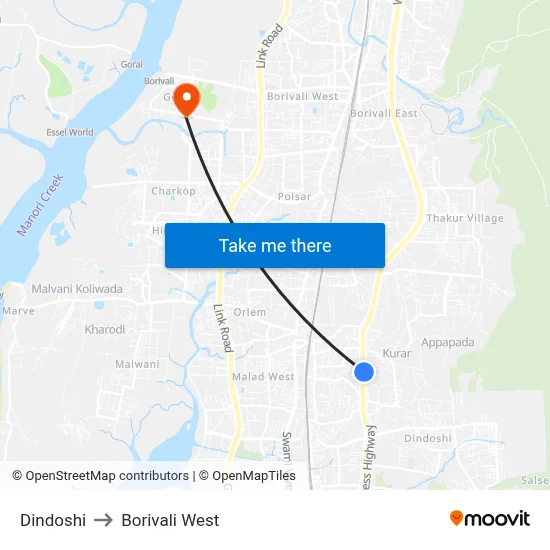Dindoshi to Borivali West map