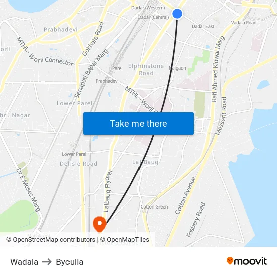 Wadala to Byculla map