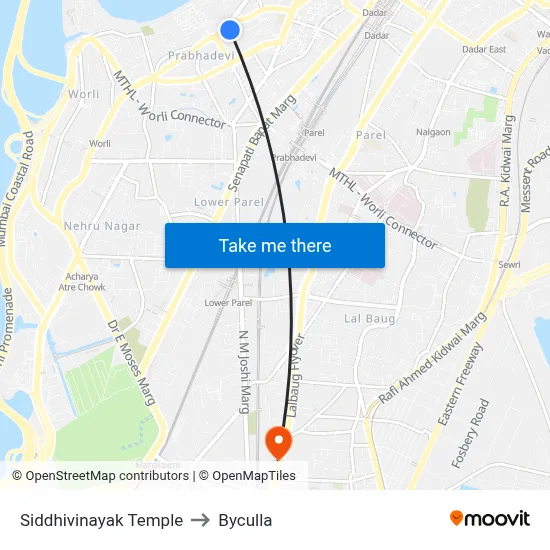 Siddhivinayak Temple to Byculla map