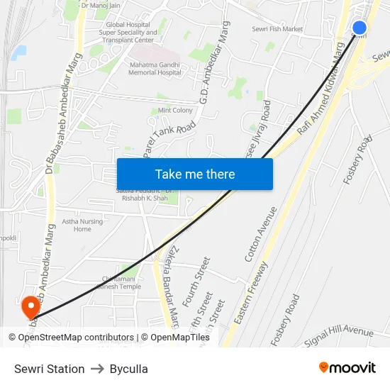 Sewri Station to Byculla map