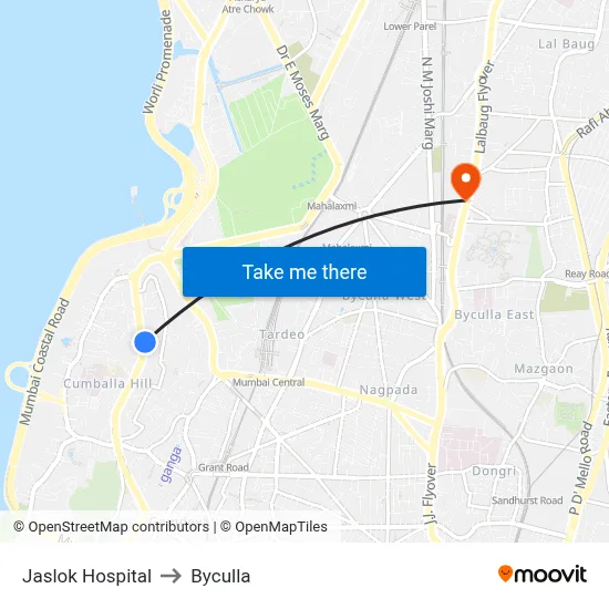 Jaslok Hospital to Byculla map