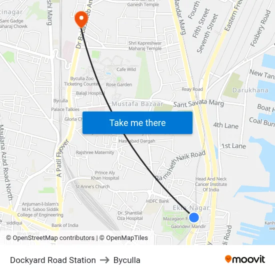 Dockyard Road Station to Byculla map