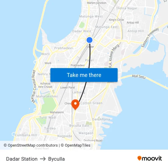 Dadar Station to Byculla map