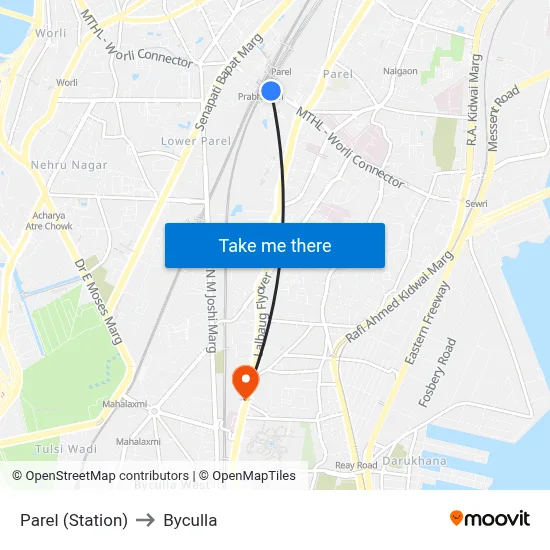 Parel (Station) to Byculla map