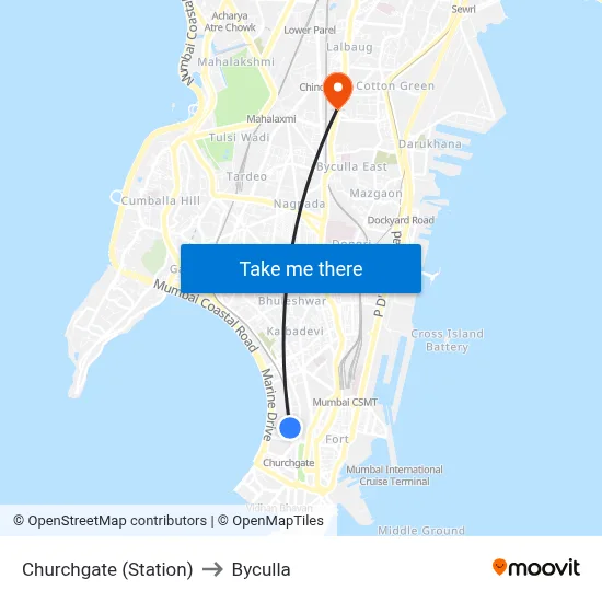 Churchgate (Station) to Byculla map