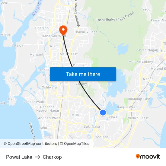 Powai Lake to Charkop map