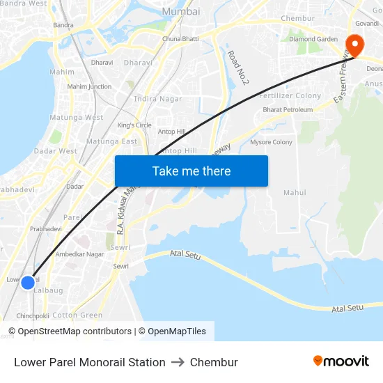 Lower Parel Monorail Station to Chembur map