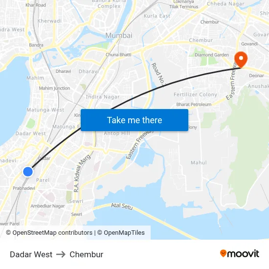 Dadar West to Chembur map