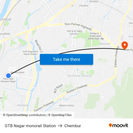 GTB Nagar monorail Station to Chembur map