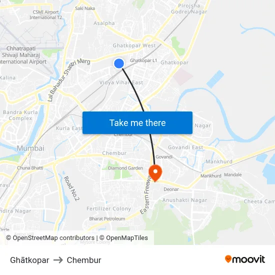 घाटकोपर to चेंबूर map