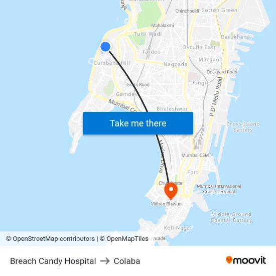 Breach Candy Hospital to Colaba map