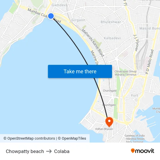 Chowpatty beach to Colaba map