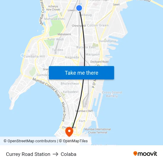 Currey Road Station to Colaba map