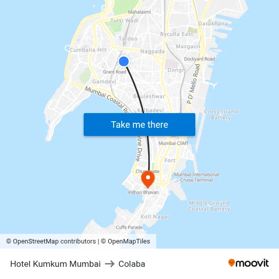 Hotel Kumkum Mumbai to Colaba map