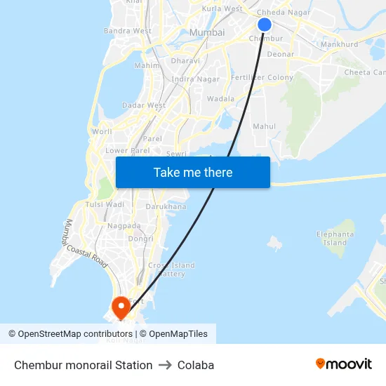 Chembur monorail Station to Colaba map