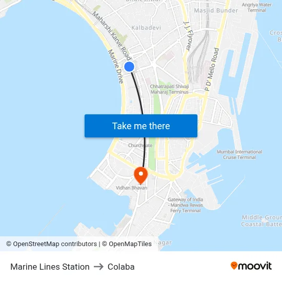 Marine Lines Station to Colaba map