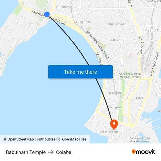 Babulnath Temple to Colaba map