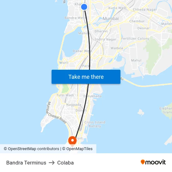Bandra Terminus to Colaba map