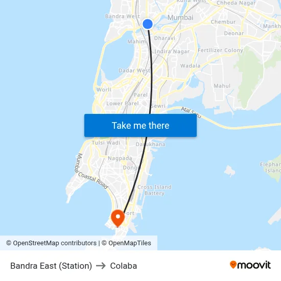 Bandra East (Station) to Colaba map