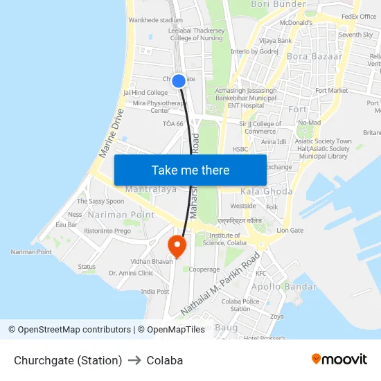Churchgate (Station) to Colaba map