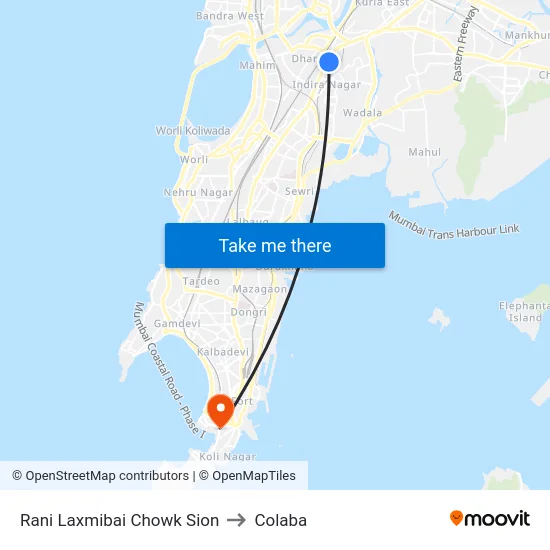 Rani Laxmibai Chowk Sion to Colaba map