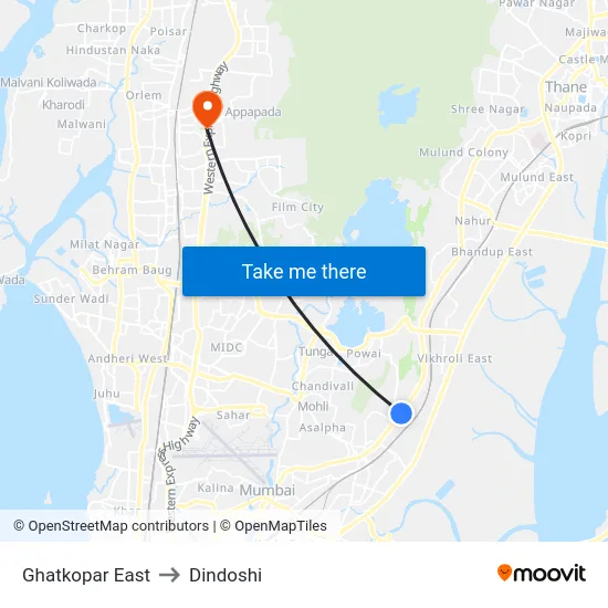 Ghatkopar East to Dindoshi map