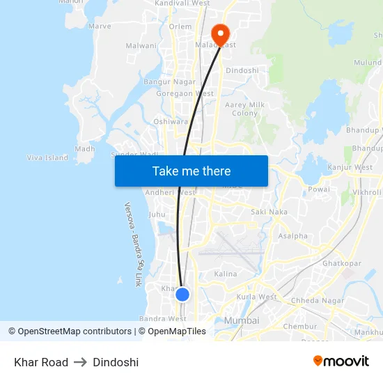 Khar Road to Dindoshi map