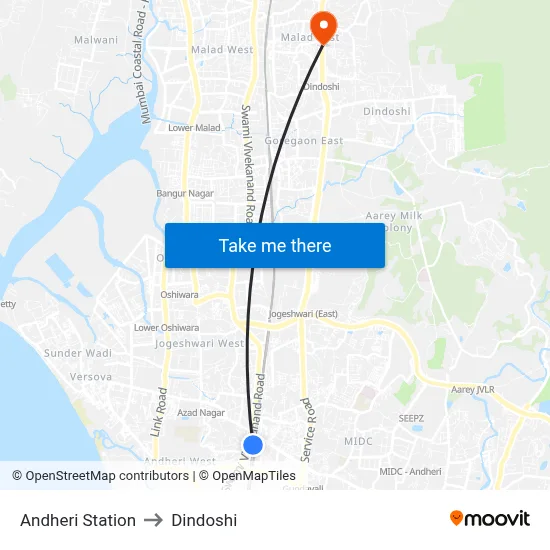अंधेरी स्टेशन to दिंडोशी map