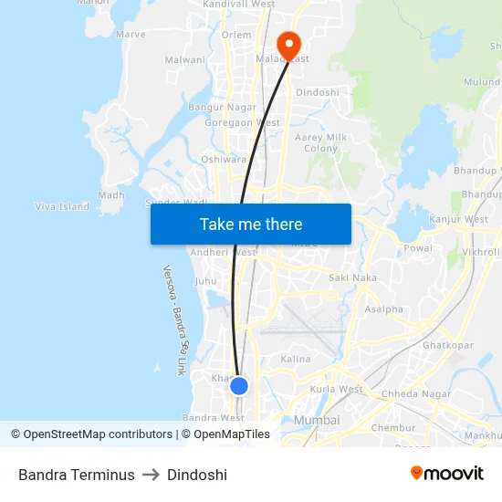 Bandra Terminus to Dindoshi map