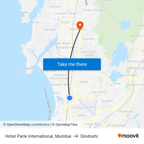 Hotel Parle International, Mumbai to Dindoshi map