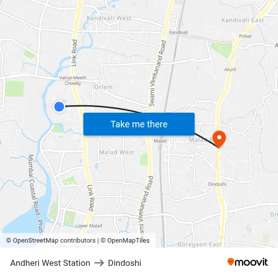 Andheri West Station to Dindoshi map